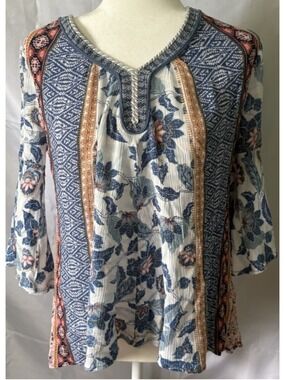 Boho Peasant Geometric/Floral Medium John Paul Richard Top Flowy Bell Sleeve